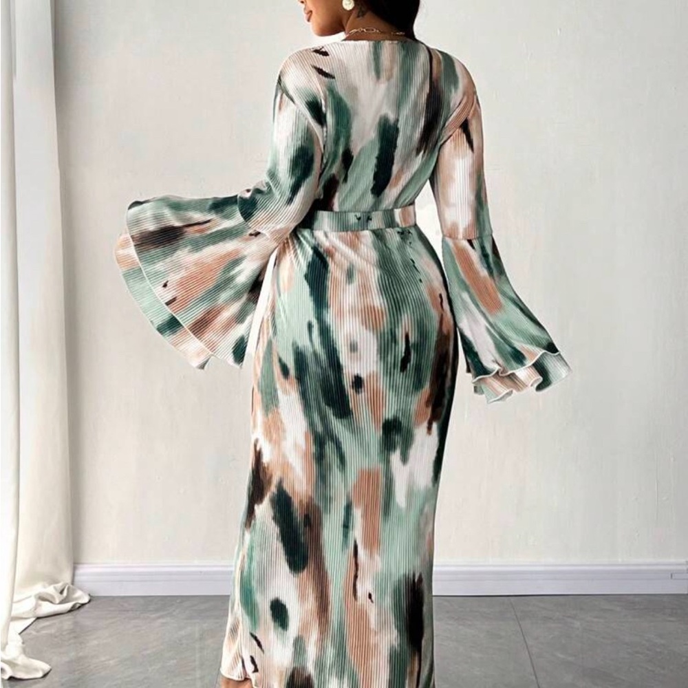 Green and White Long Sleeve Wrap Gown for Wedding Guests
